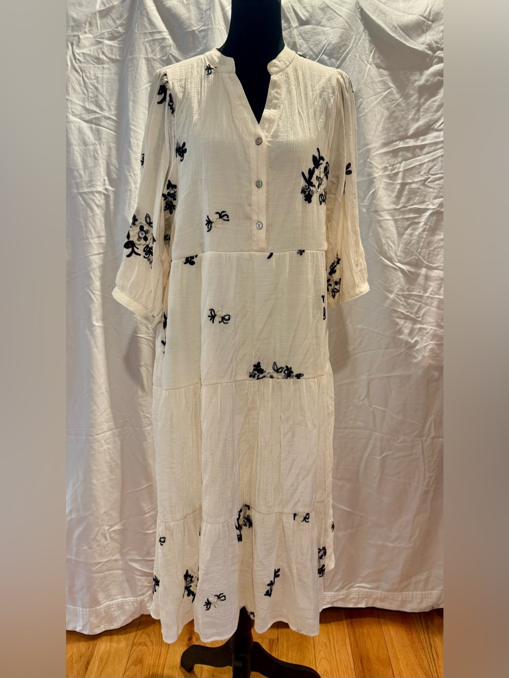 fig and flower Cream Maxi Dress with Black Floral Embroidery